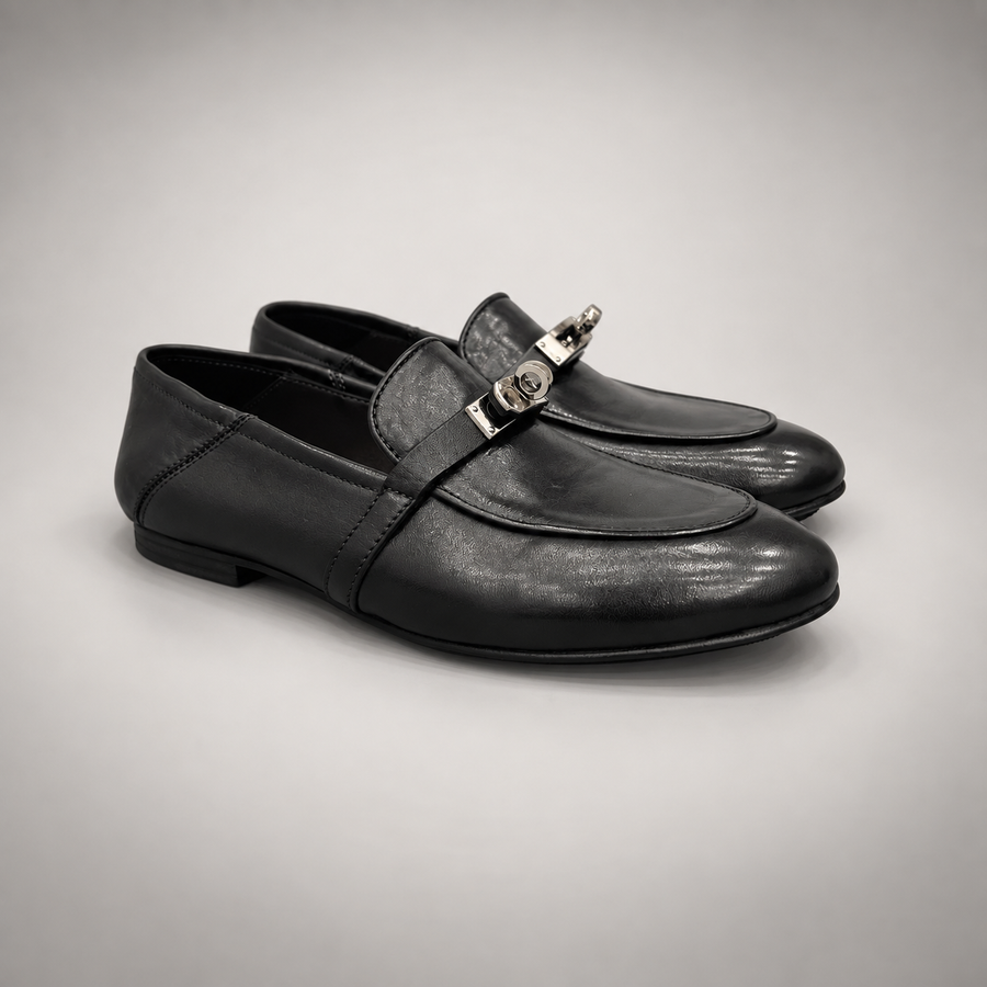 Black washed leather horsebit loafer pair view