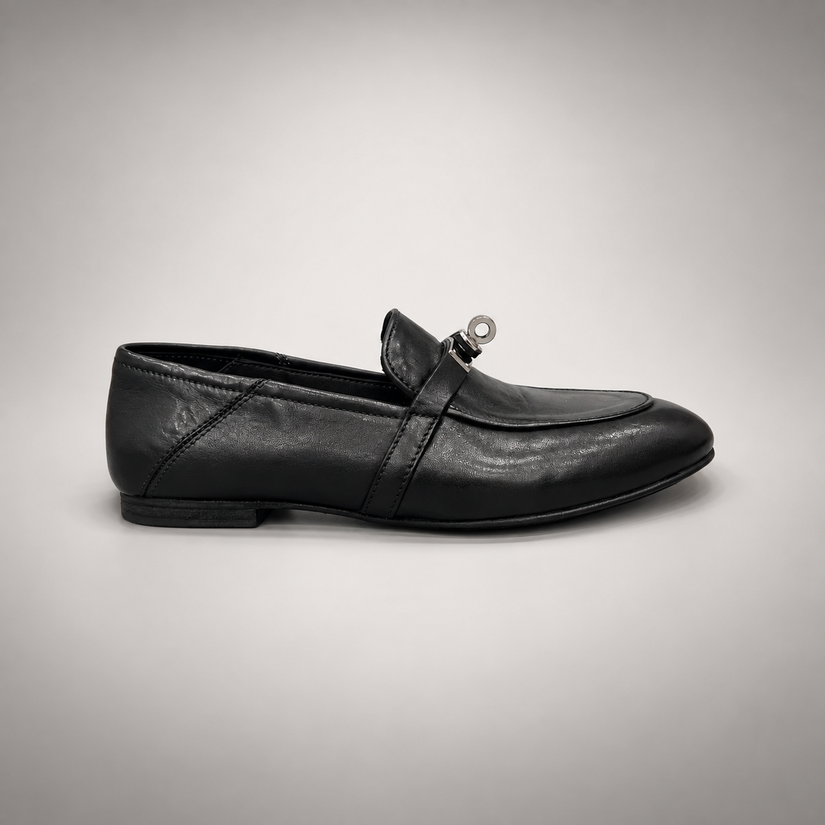 Black washed leather horsebit loafer side view