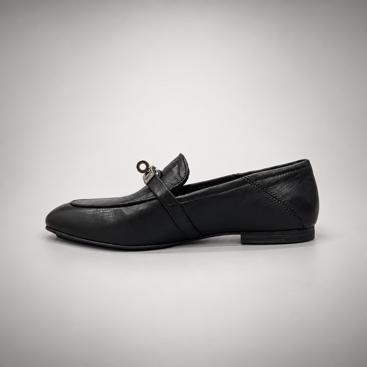 Black washed leather horsebit loafer opposite-side view