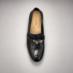 Black washed leather horsebit loafer top view