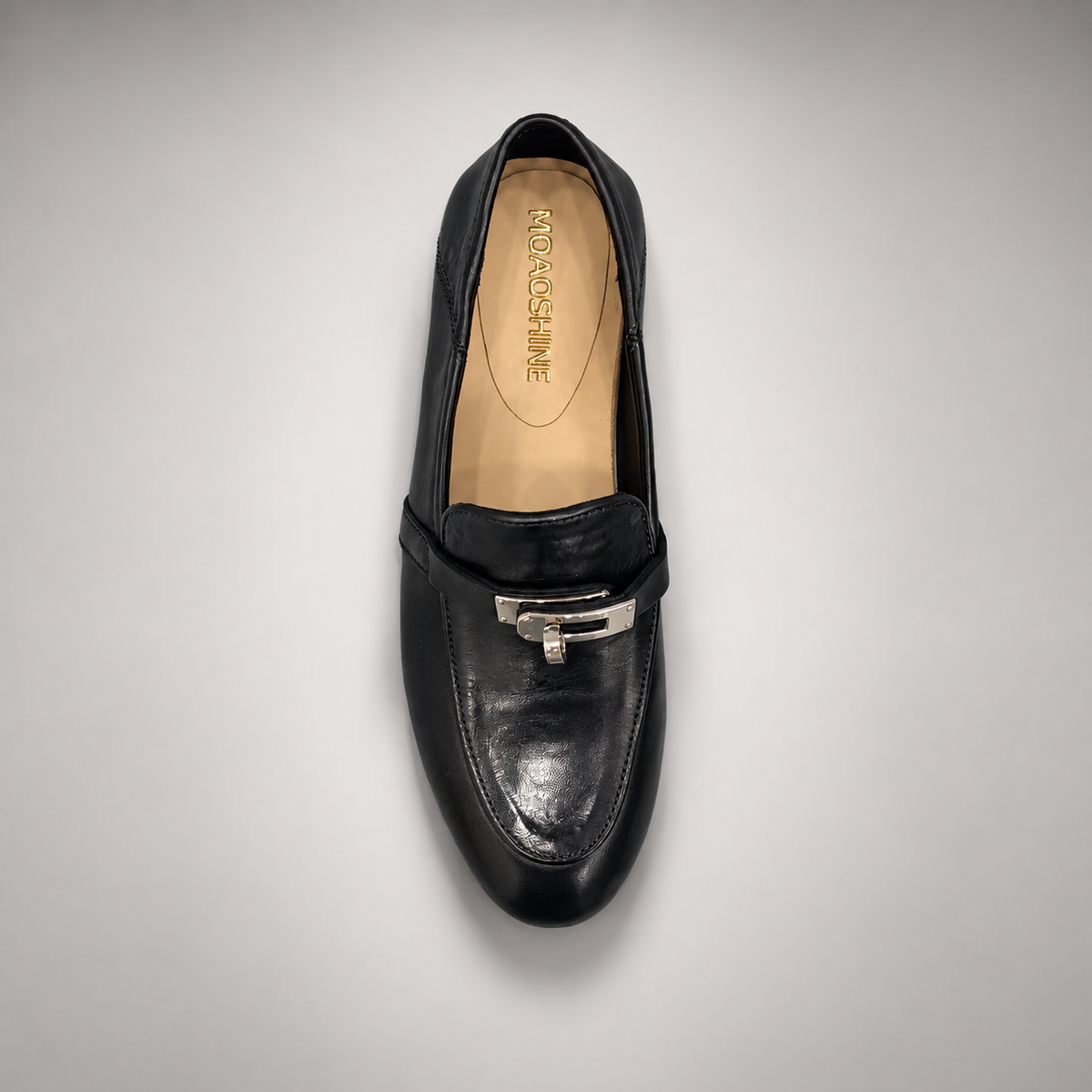 Black washed leather horsebit loafer top view