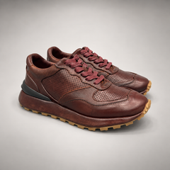 Dark brown perforated leather platform sneaker pair view
