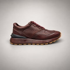 Dark brown perforated leather platform sneaker side view