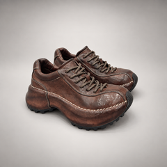 Brown washed leather platform lace-up shoe pair view