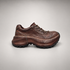 Brown washed leather platform lace-up shoe side view