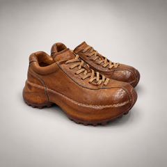 Tan washed leather platform lace-up shoe pair view