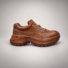 Tan washed leather platform lace-up shoe side view