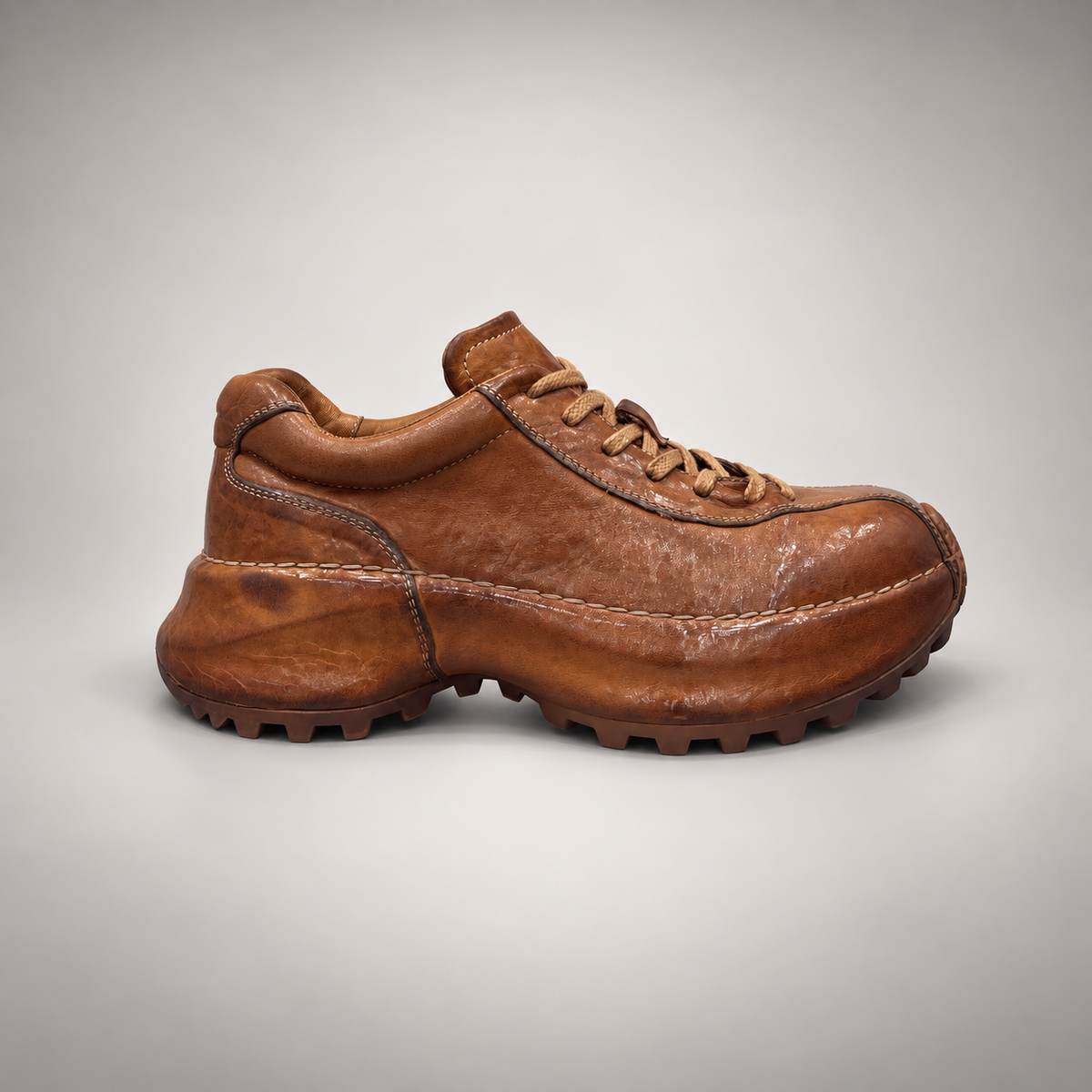 Tan washed leather platform lace-up shoe side view