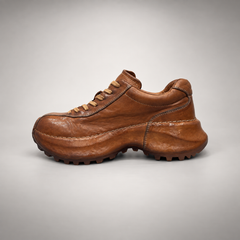 Tan washed leather platform lace-up shoe opposite-side view