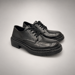 Black washed leather platform derby shoe pair view