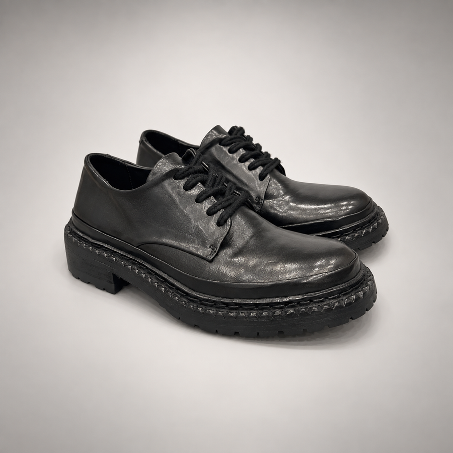 Black washed leather platform derby shoe pair view