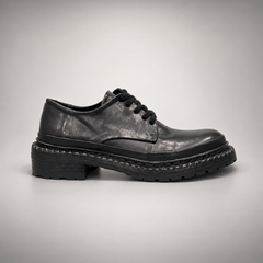 Black washed leather platform derby shoe side view