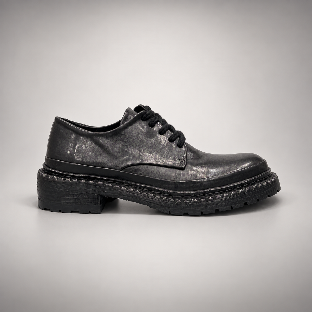 Black washed leather platform derby shoe side view
