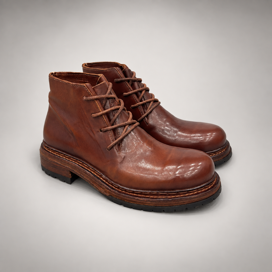 Brown washed leather lace-up ankle boot pair view