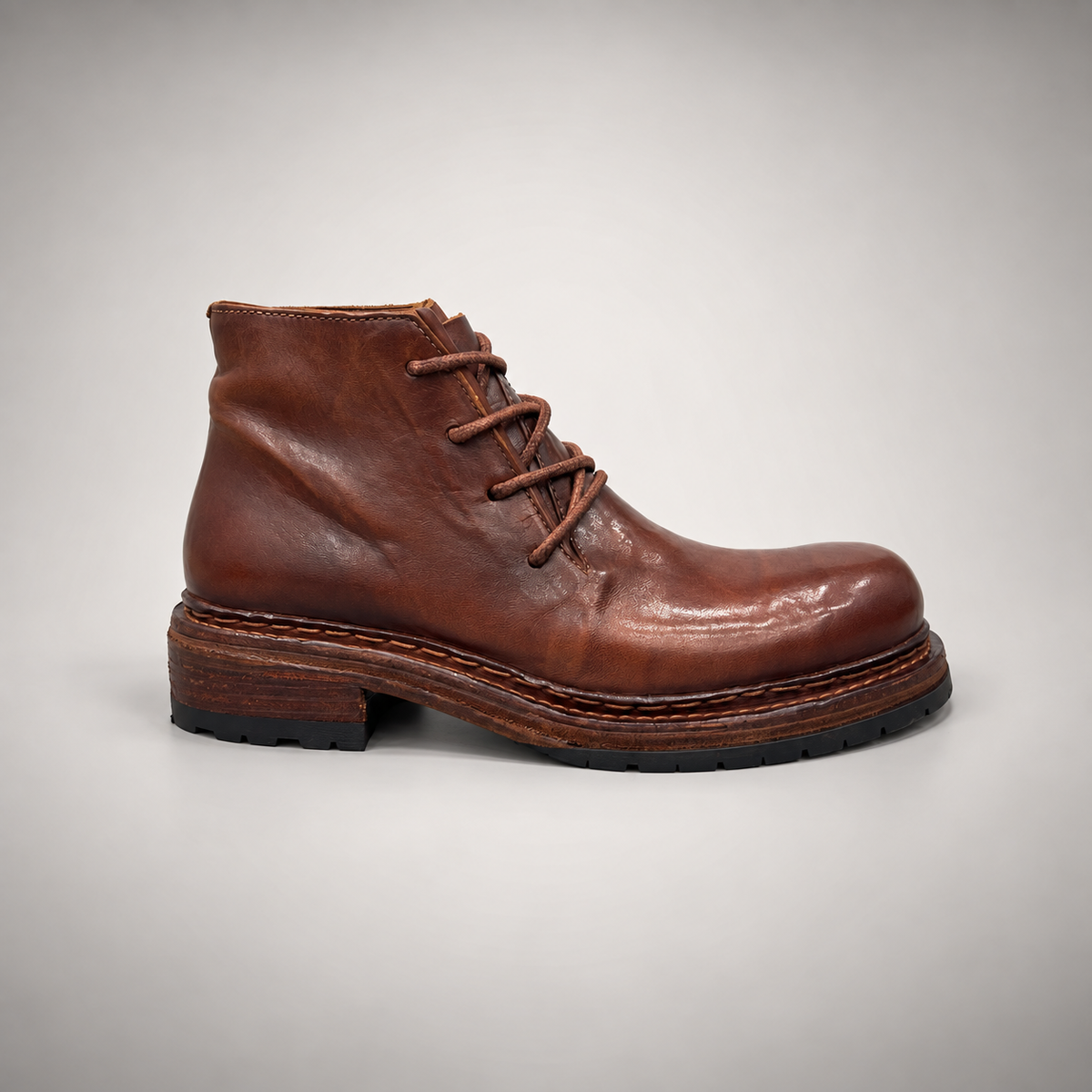 Brown washed leather lace-up ankle boot side view