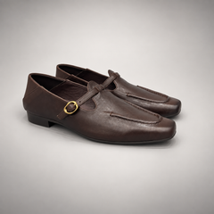 Dark brown leather buckle-strap shoe pair view