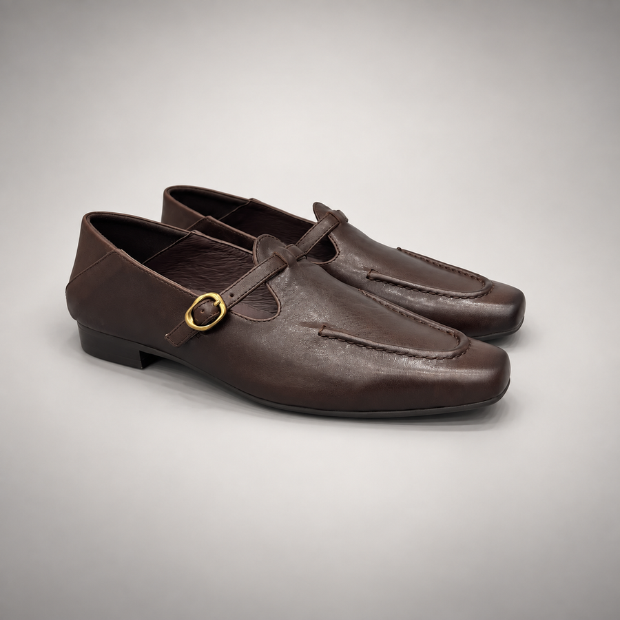 Dark brown leather buckle-strap shoe pair view