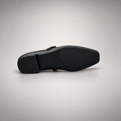Black leather buckle-strap shoe outsole view