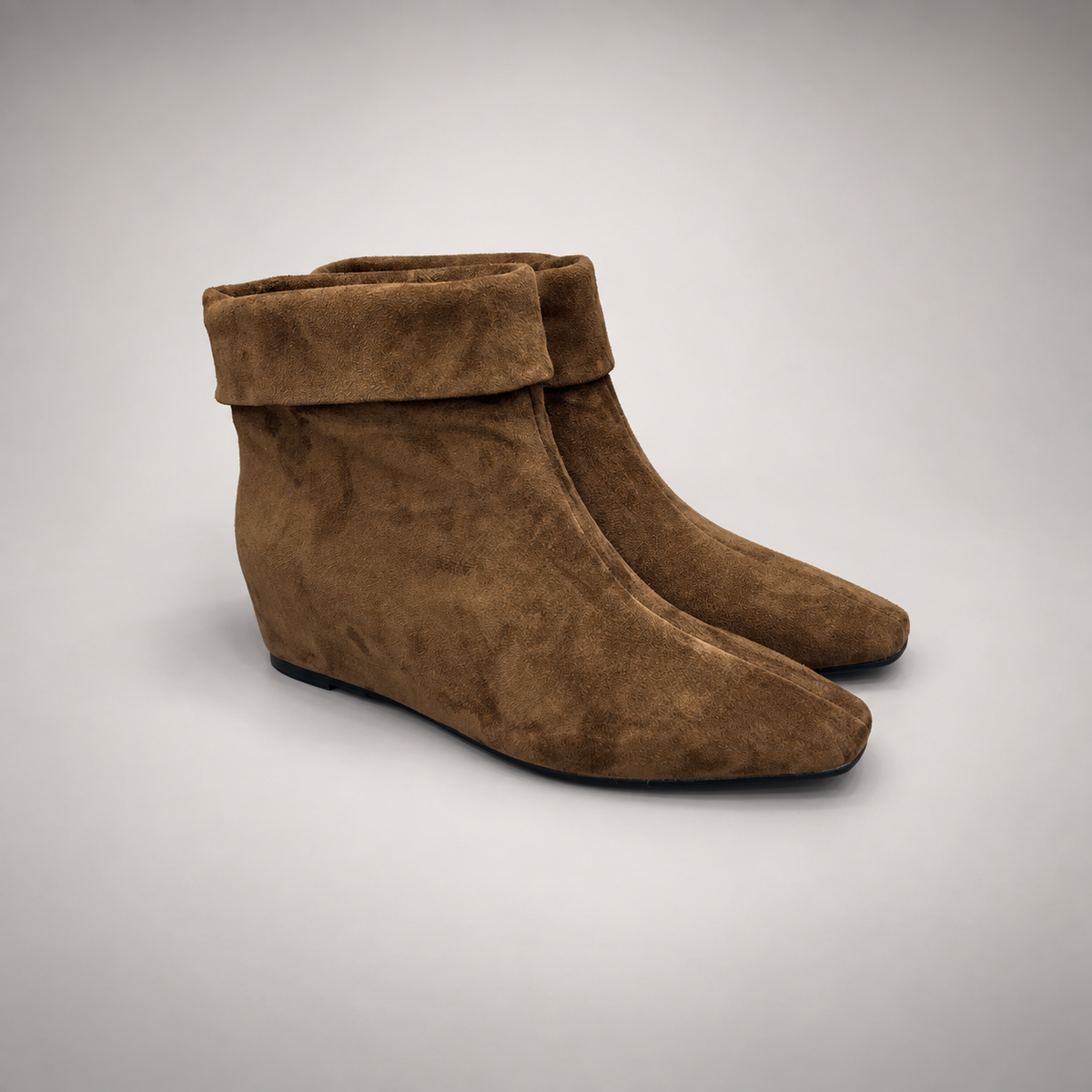 Brown suede fold-over mid-calf boot pair view