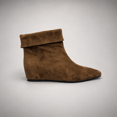 Brown suede fold-over mid-calf boot side view