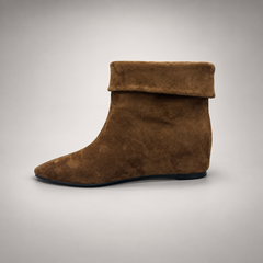 Brown suede fold-over mid-calf boot opposite-side view