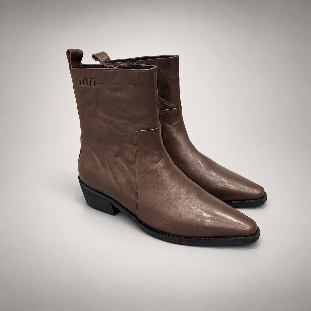 Brown leather mid-calf boot pair view