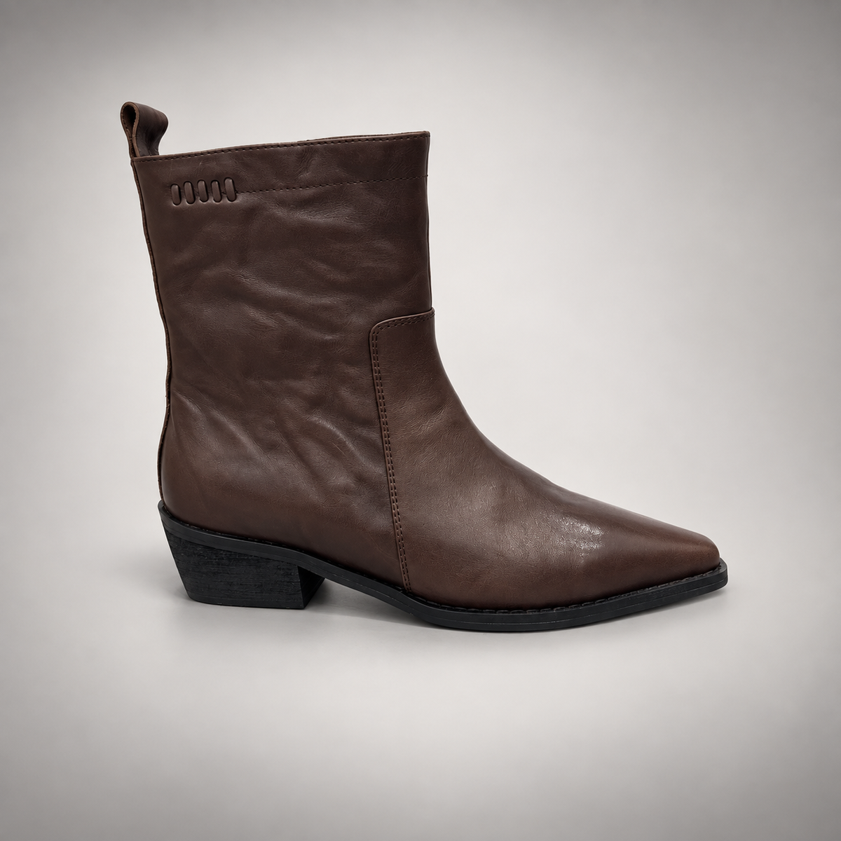 Brown leather mid-calf boot side view