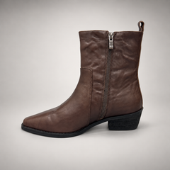 Brown leather mid-calf boot opposite-side view