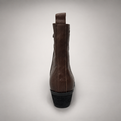 Brown leather mid-calf boot rear view