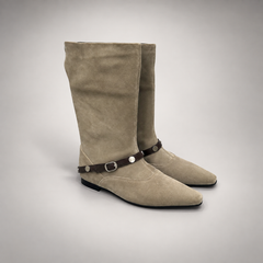 Beige suede knee-high boot pair view