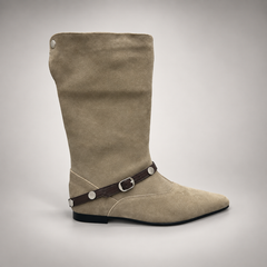 Beige suede knee-high boot side view