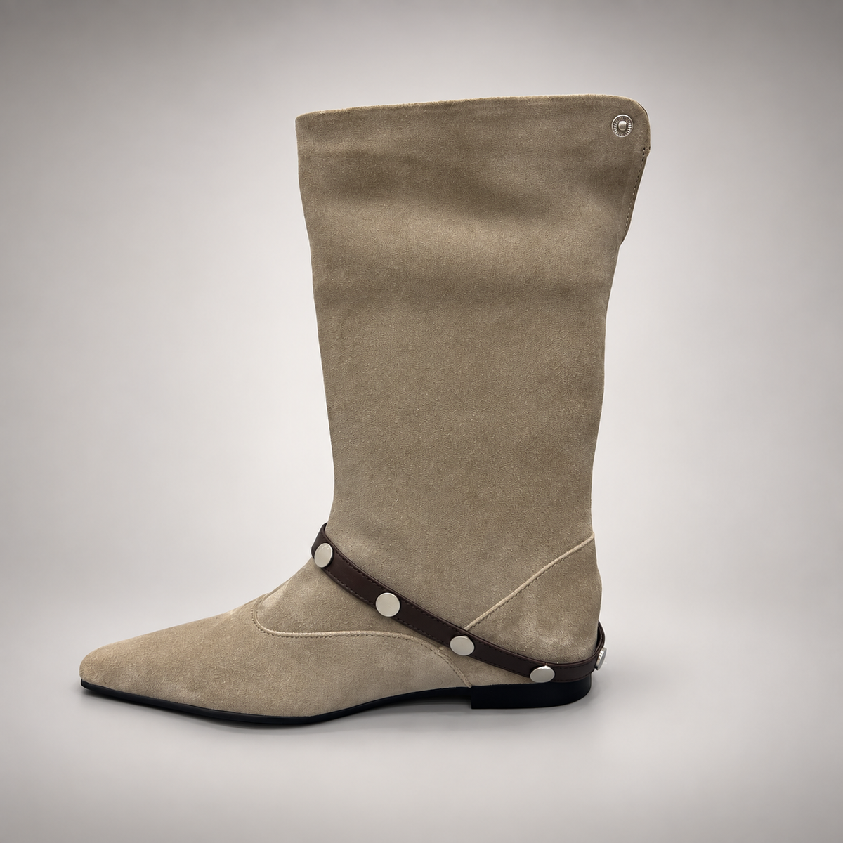 Beige suede knee-high boot opposite-side view