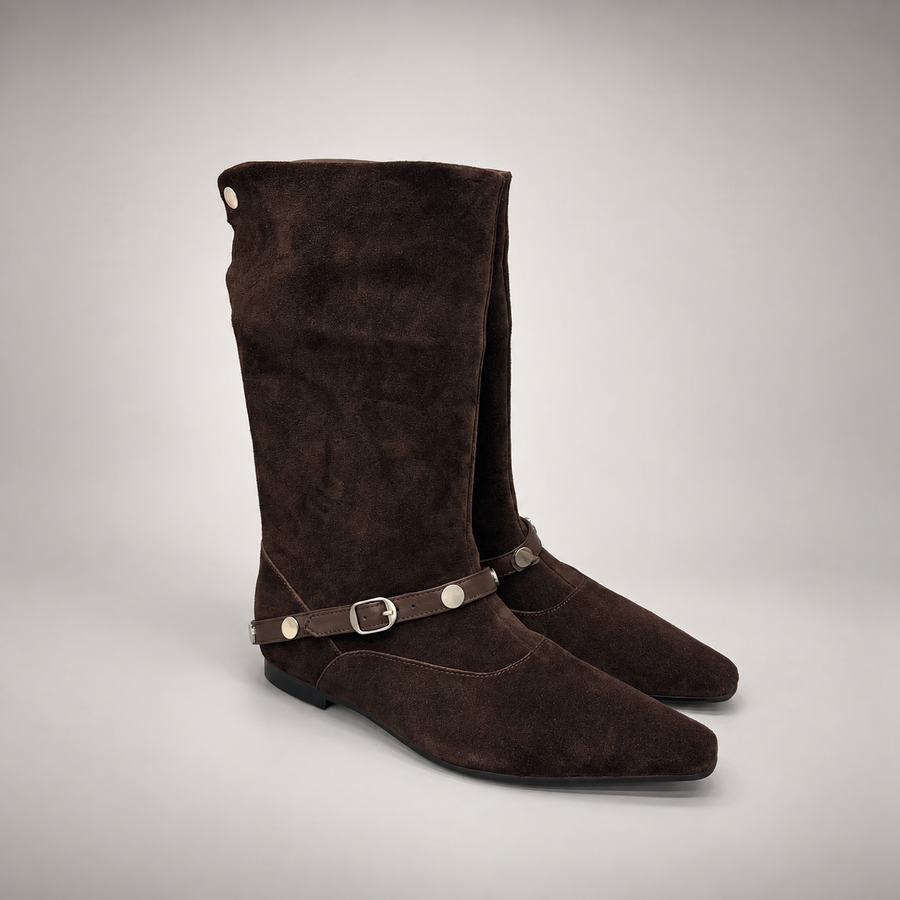 Dark Brown Suede Knee-High Harness Boots pair view