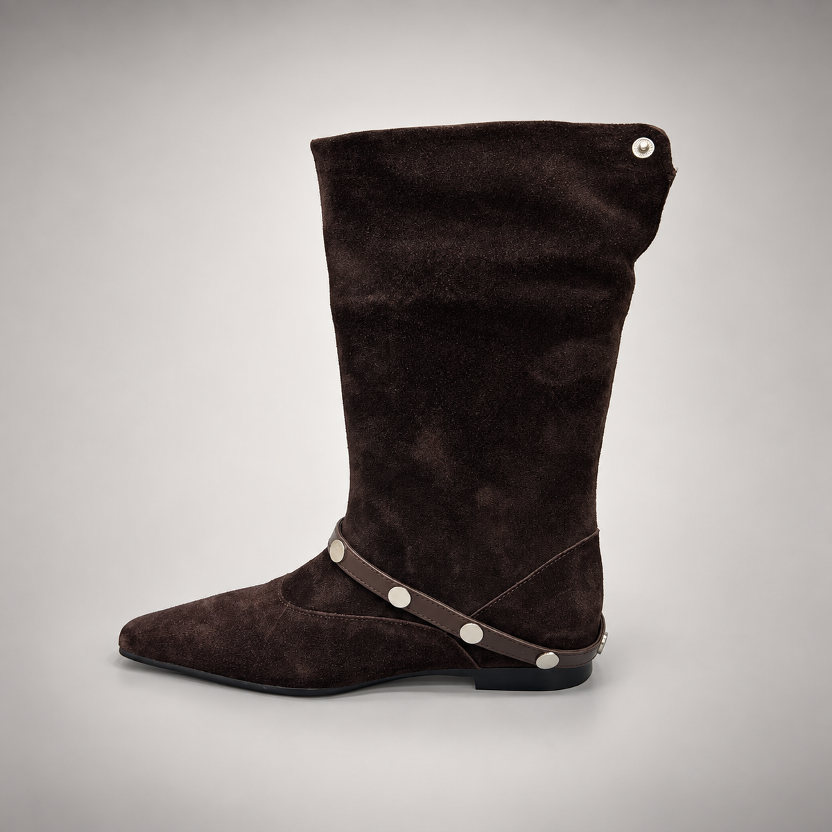 Dark Brown Suede Knee-High Harness Boots opposite side