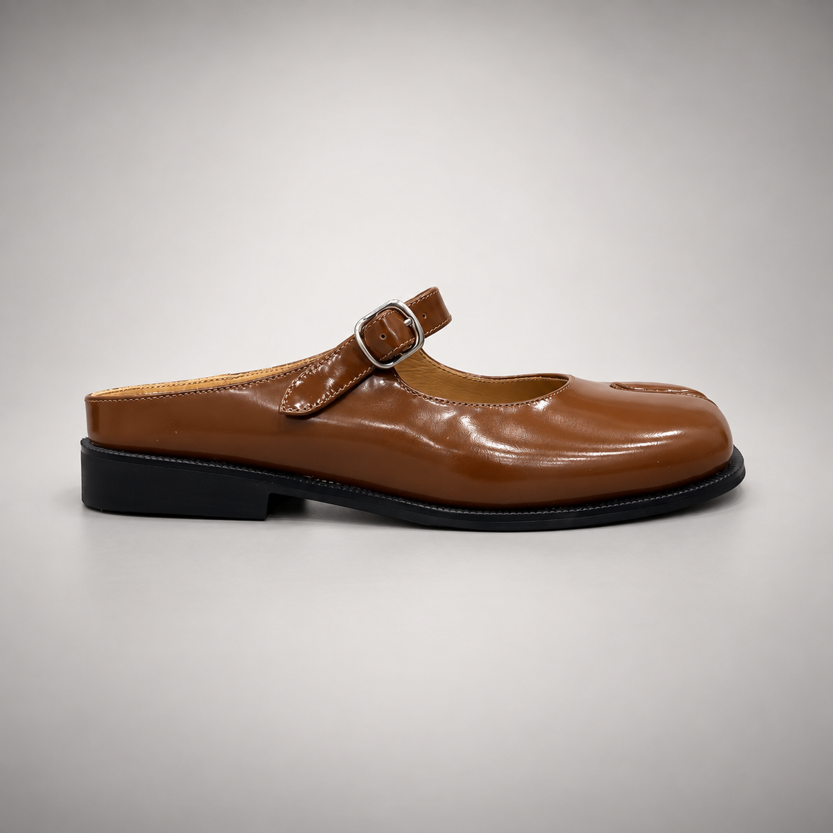 Brown Patent Leather Split-Toe Mary Jane Mules side view