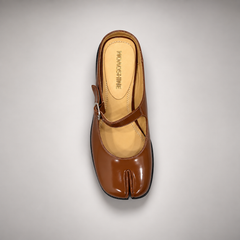 Brown Patent Leather Split-Toe Mary Jane Mules top view