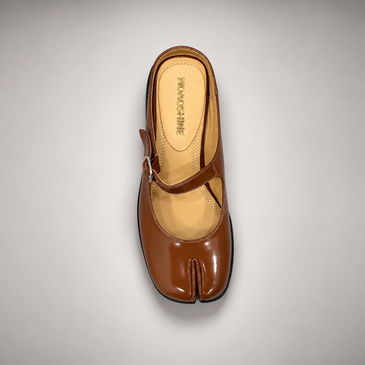 Brown Patent Leather Split-Toe Mary Jane Mules top view