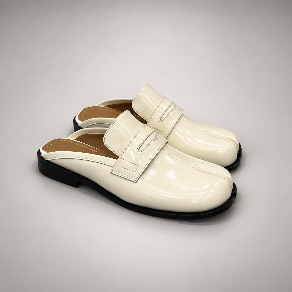 White Patent Leather Split-Toe Penny Strap Mules pair view