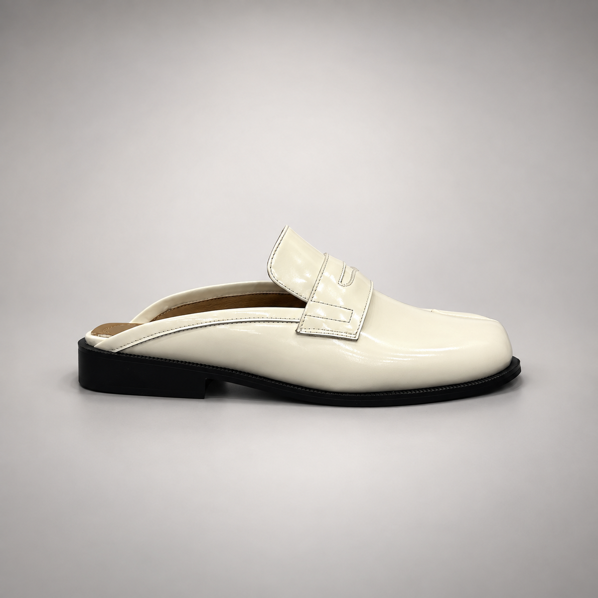 White Patent Leather Split-Toe Penny Strap Mules side view
