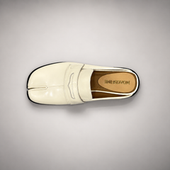 White Patent Leather Split-Toe Penny Strap Mules top view