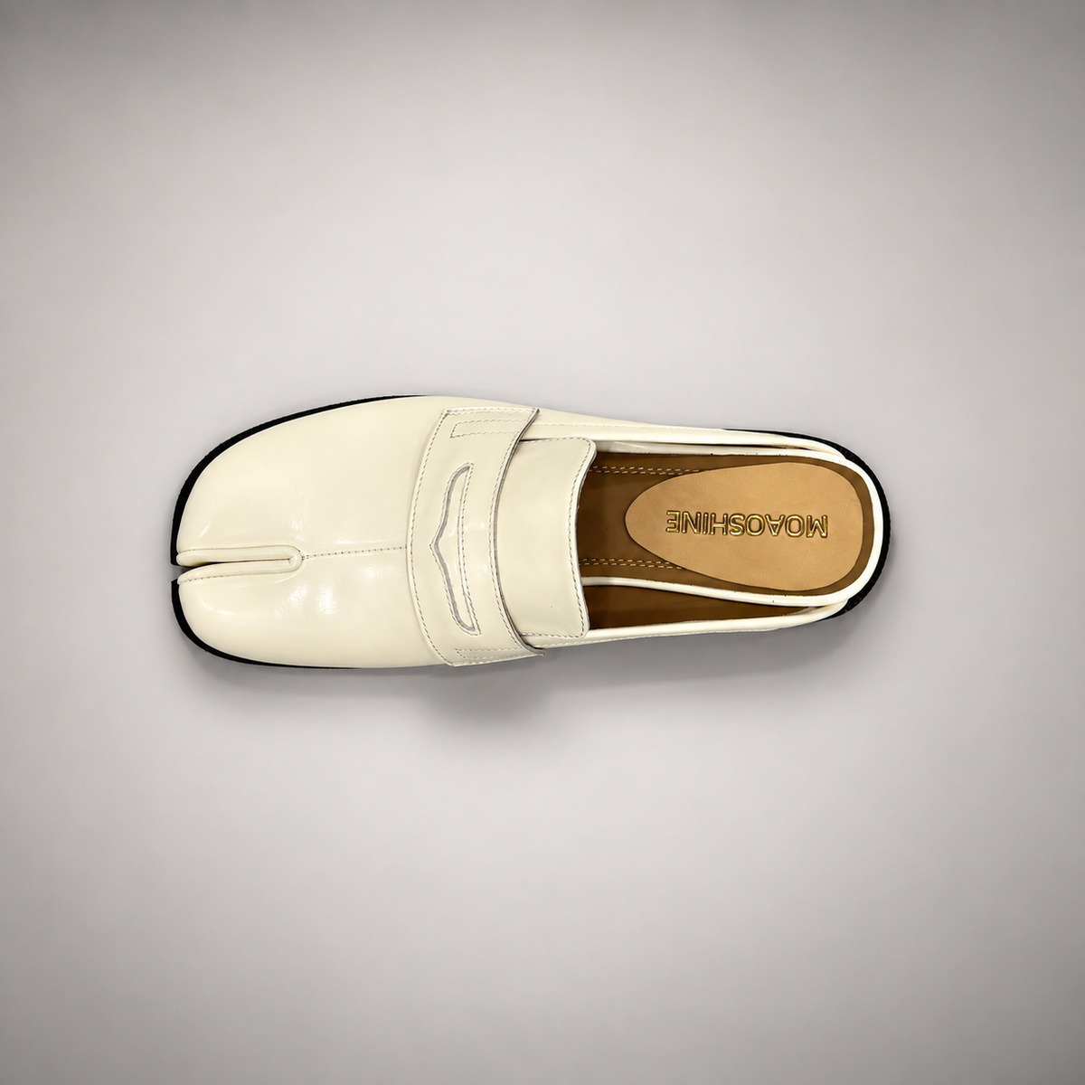 White Patent Leather Split-Toe Penny Strap Mules top view