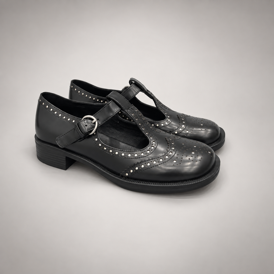 Black Leather Brogue Mary Jane Shoes pair view