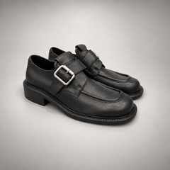 Black Leather Oversized-Buckle Moc-Toe Shoes pair view