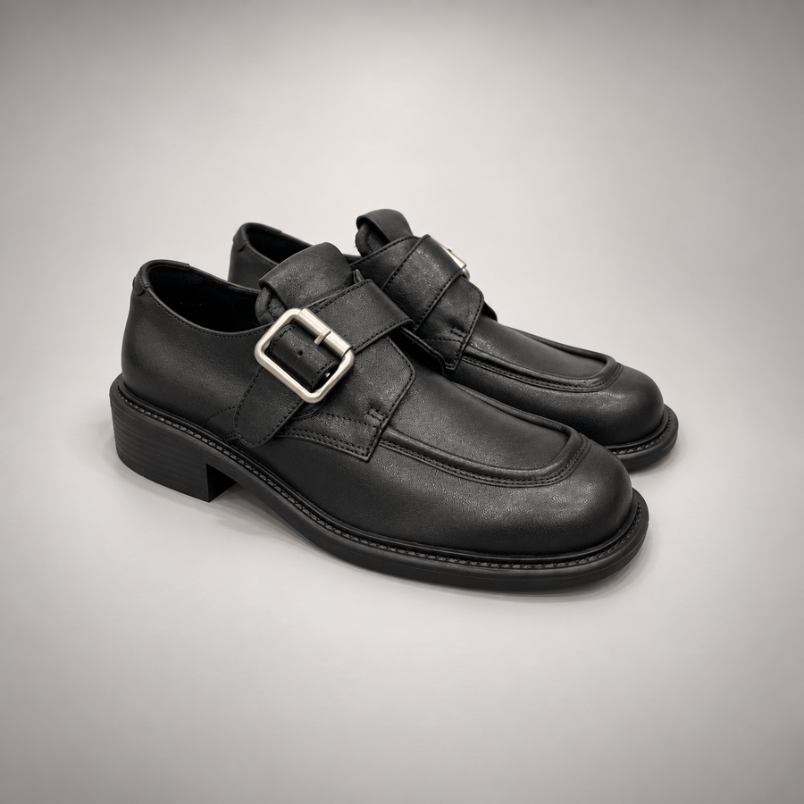 Black Leather Oversized-Buckle Moc-Toe Shoes pair view