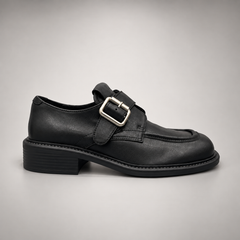 Black Leather Oversized-Buckle Moc-Toe Shoes side view