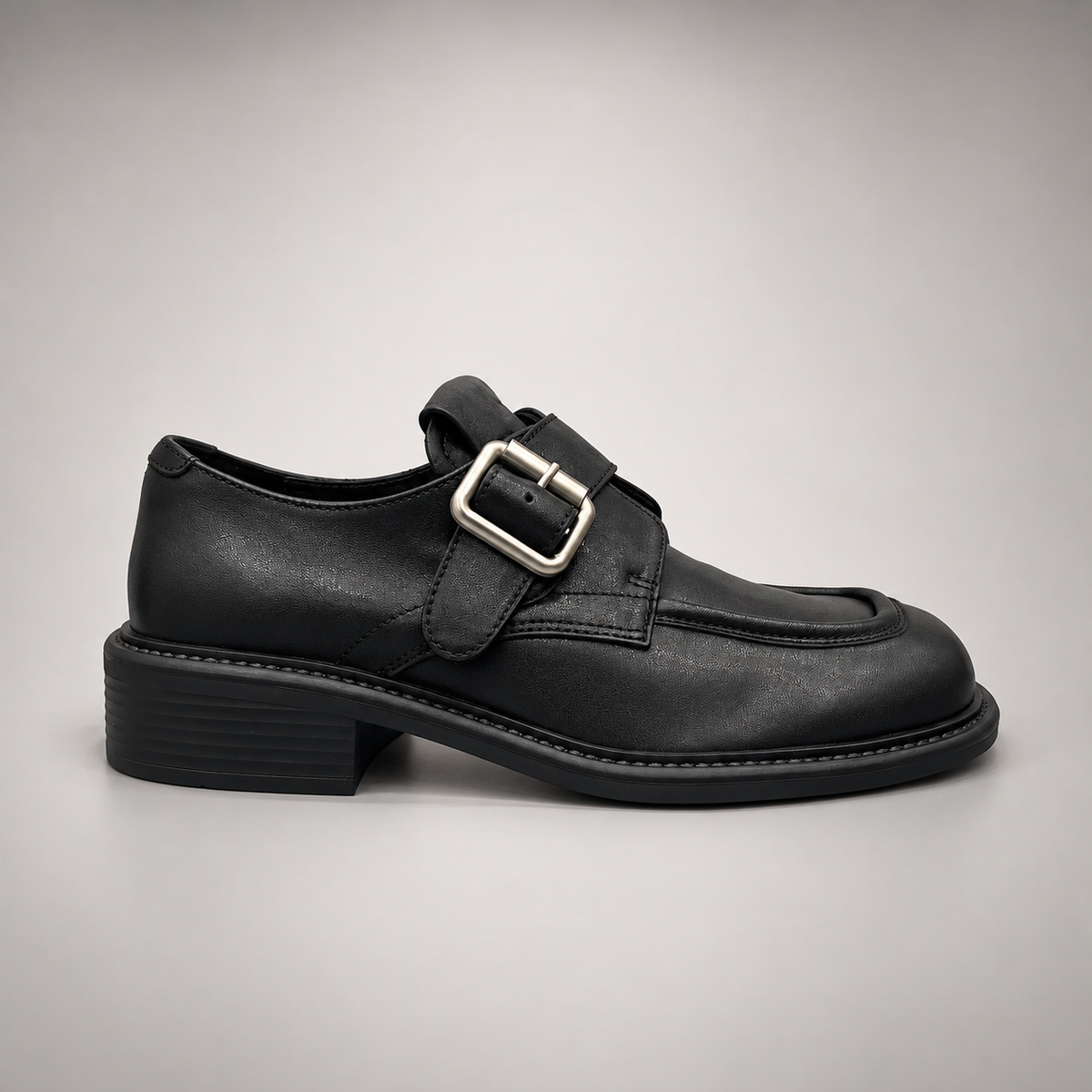 Black Leather Oversized-Buckle Moc-Toe Shoes side view