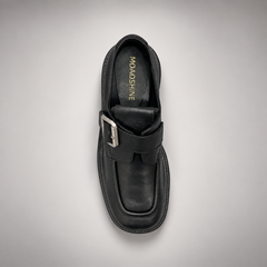 Black Leather Oversized-Buckle Moc-Toe Shoes top view