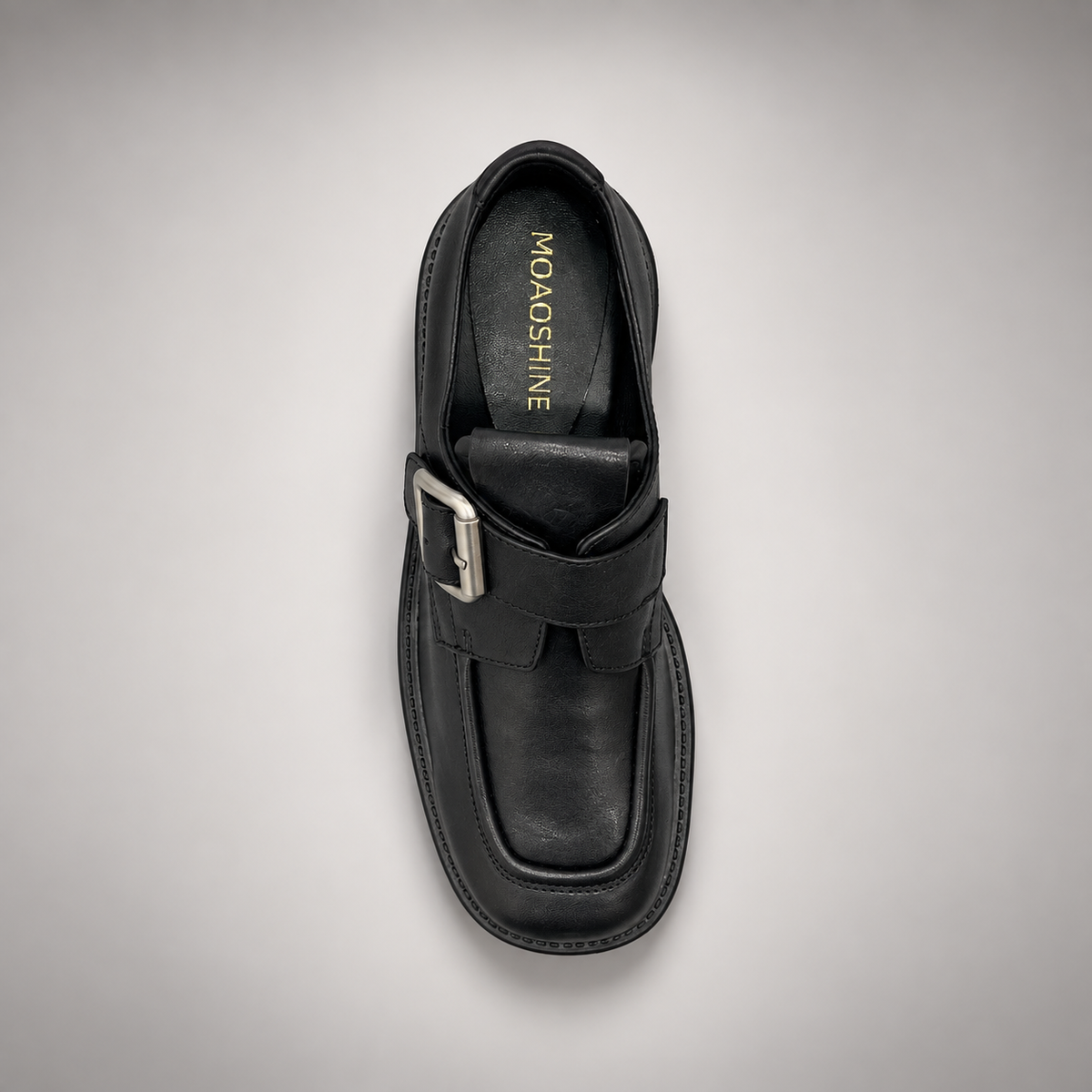 Black Leather Oversized-Buckle Moc-Toe Shoes top view