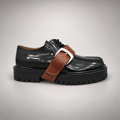 Black Patent Leather Split-Toe Platform Buckle Shoes side view