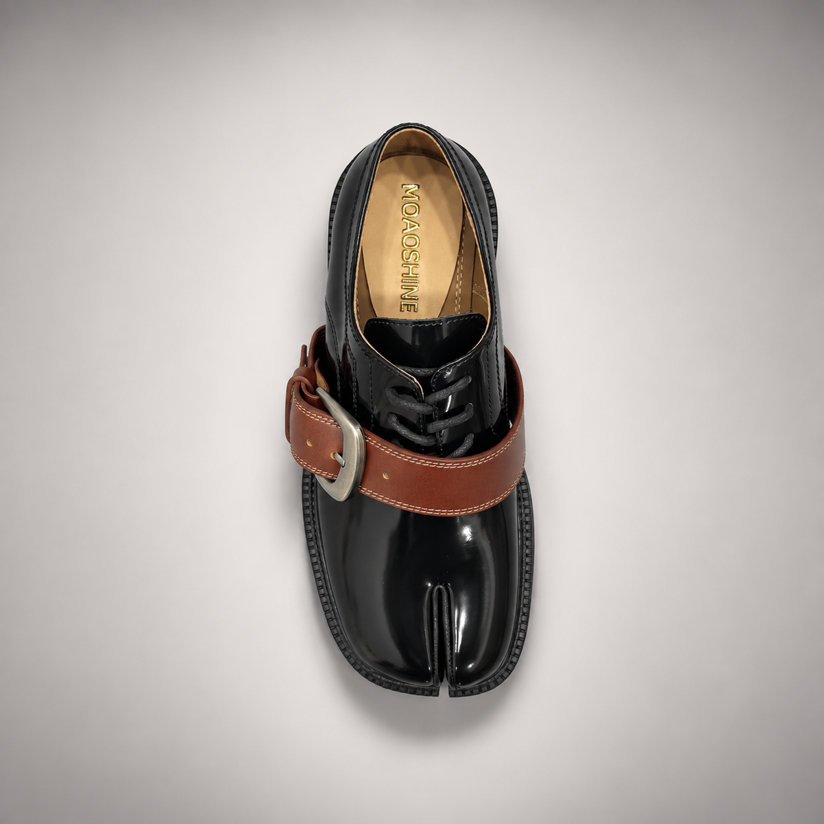 Black Patent Leather Split-Toe Platform Buckle Shoes top view